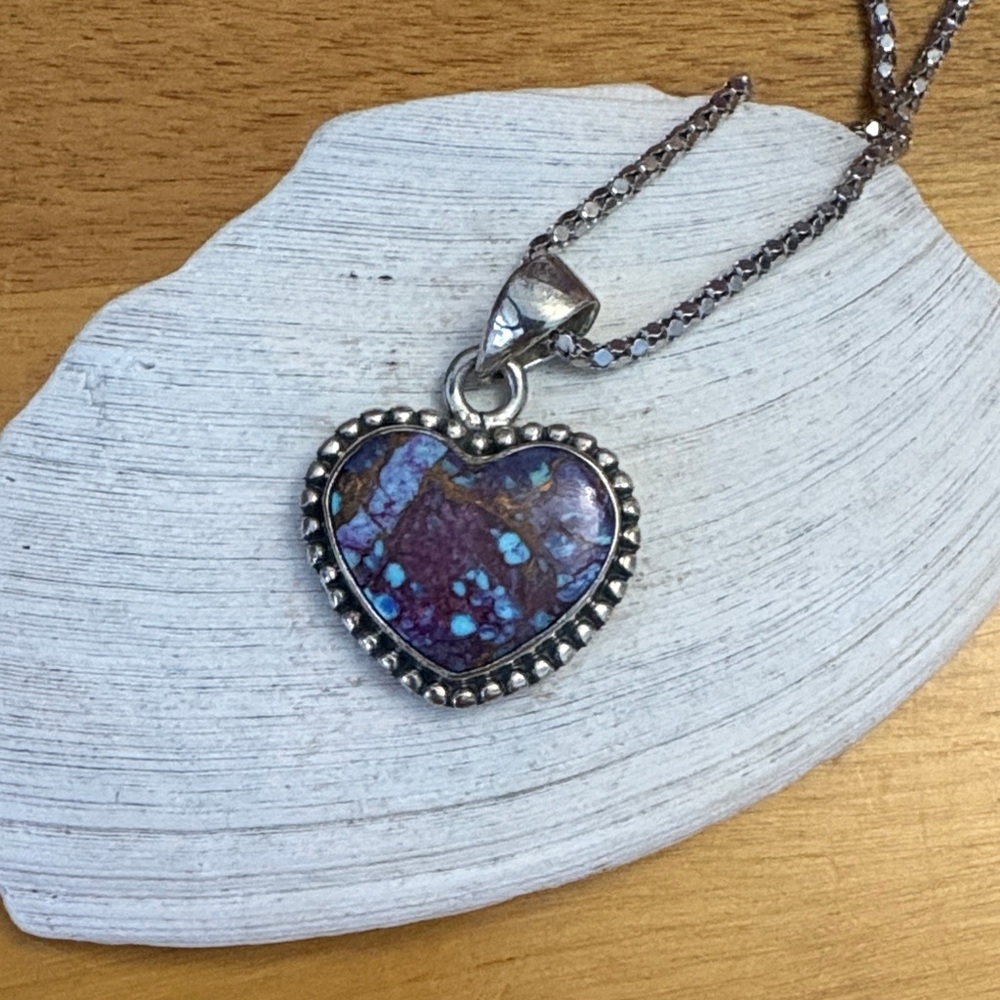 Purple Copper Turquoise Natural 7.30ct Heart Pendant Sterling Silver 20" chain